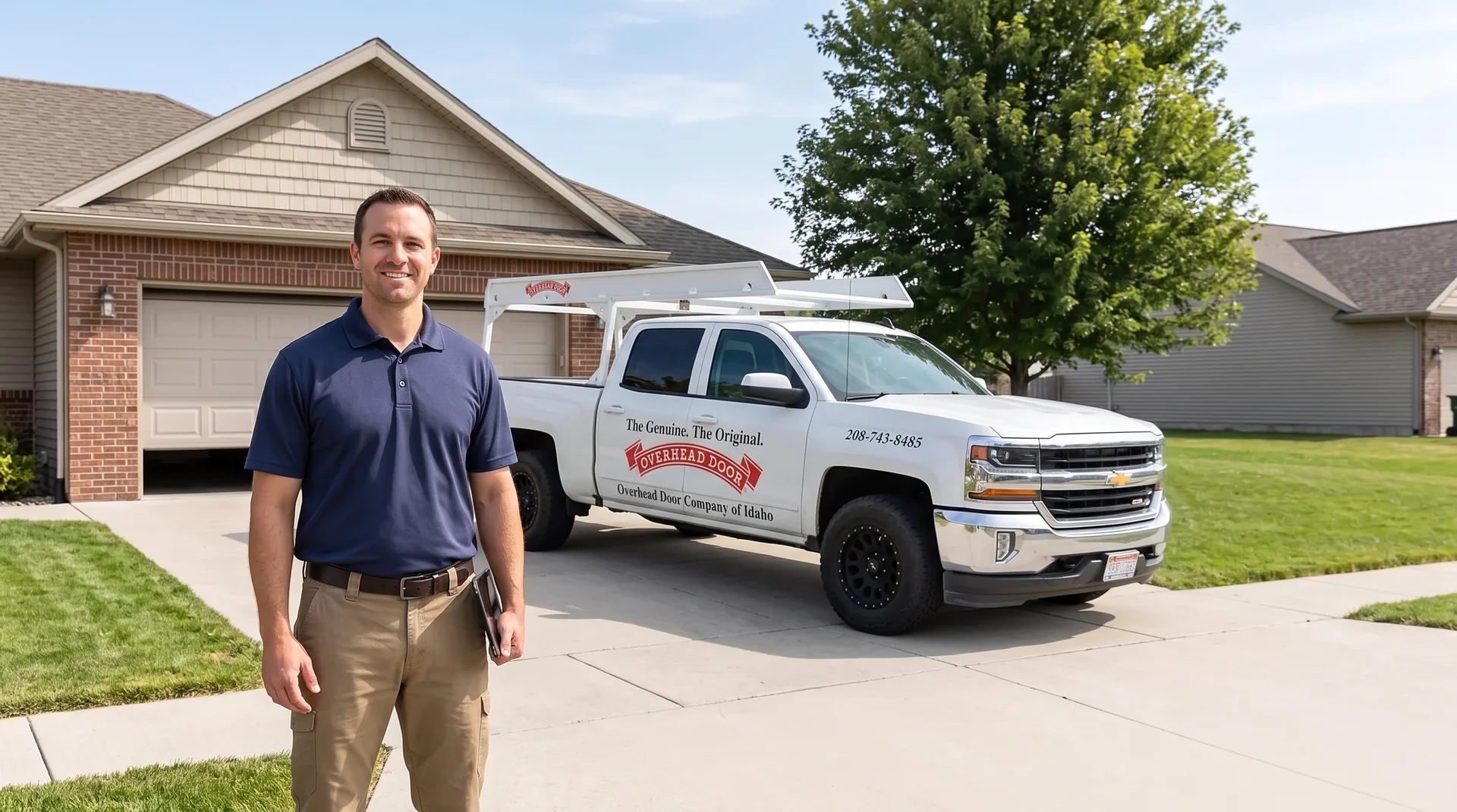 Overhead Door Company technician and service truck at a customer's home