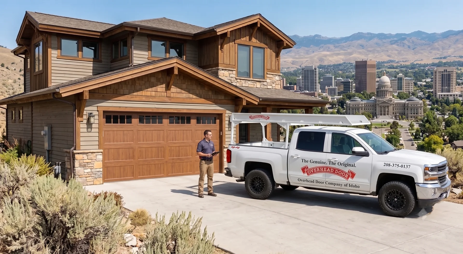 Overhead Door Company technician arriving at a Boise home's garage doors, service truck parked in the driveway with the Boise Foothills and Idaho State Capitol behind