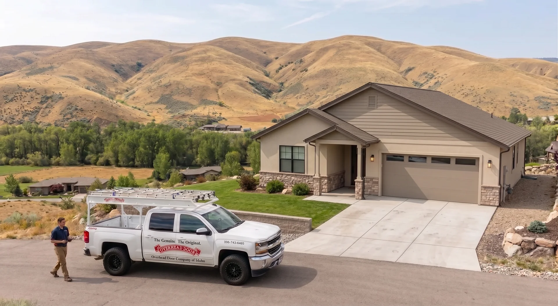 Overhead Door Company technician servicing a garage door at an Eagle, Idaho home