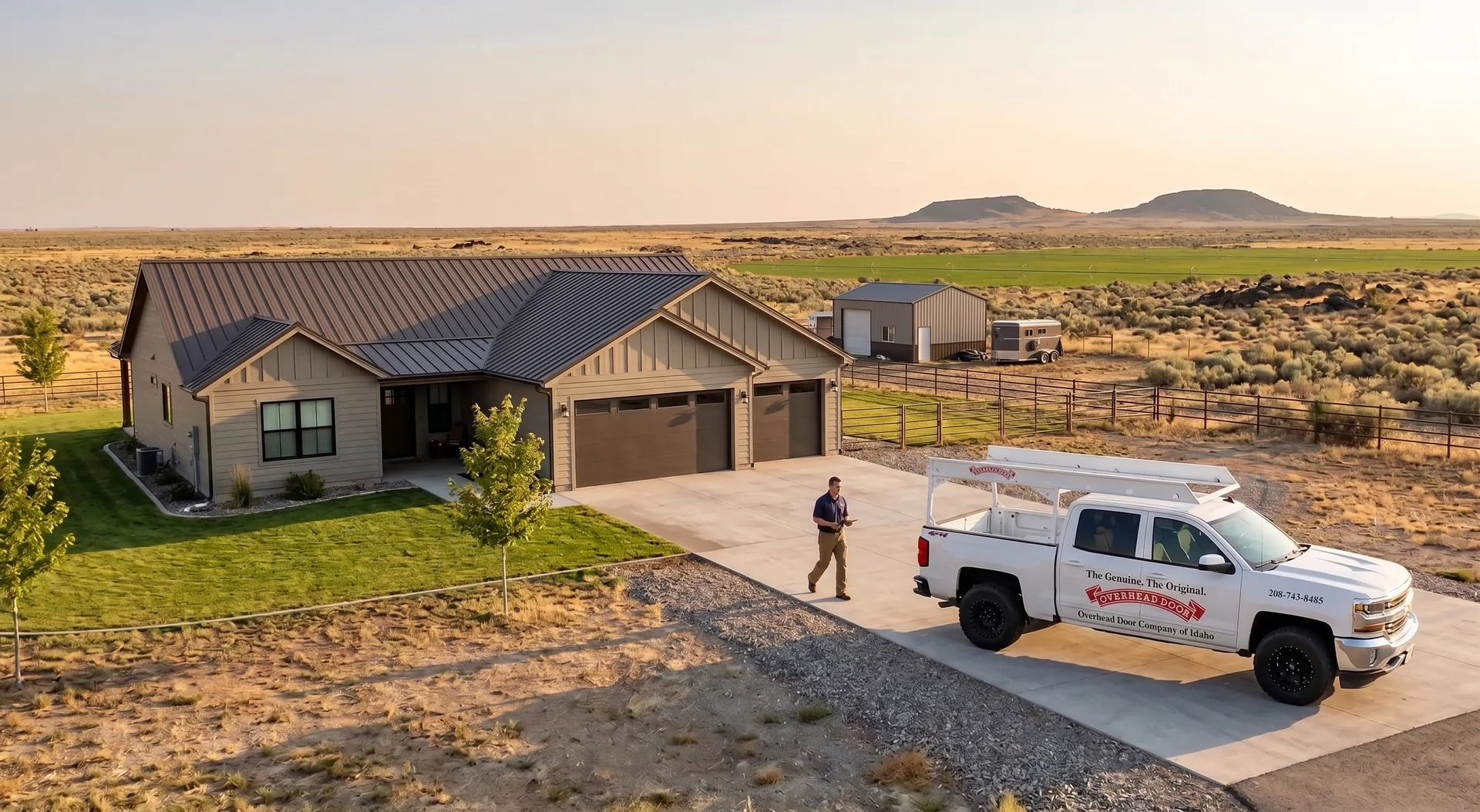 Overhead Door Company service truck at a Kuna, Idaho home with the garage door open