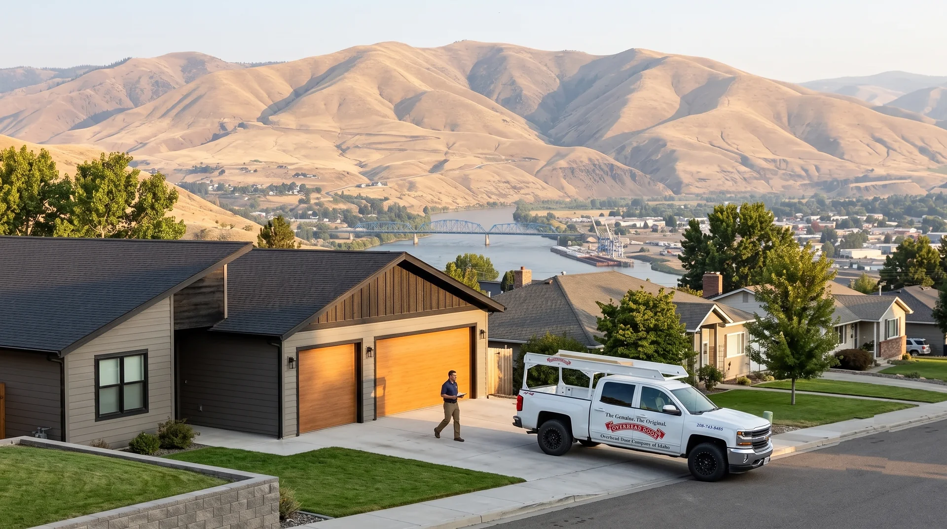 Overhead Door Company technician and service truck at a Lewiston home above the Snake and Clearwater river valley