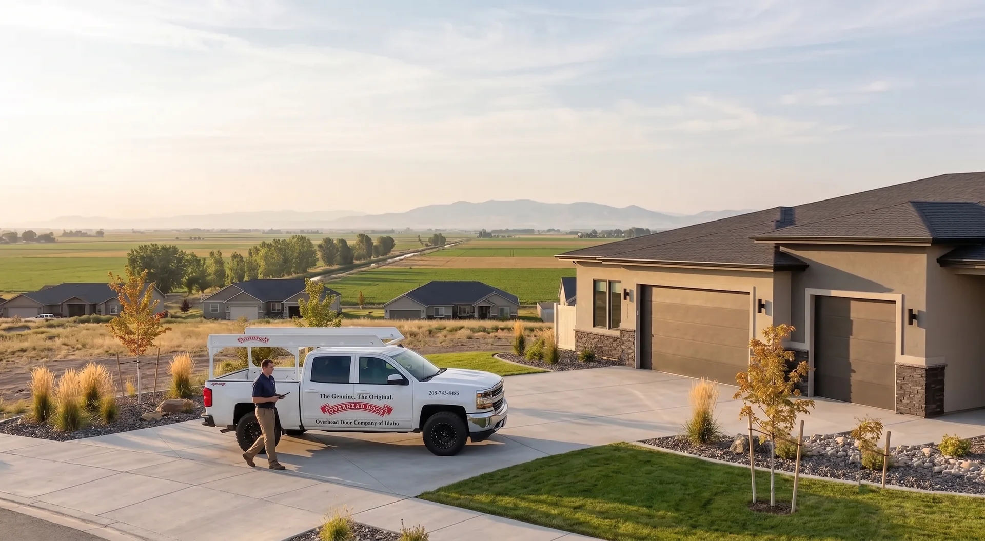 Overhead Door Company technician and service truck at a home's garage doors with Canyon County farmland behind