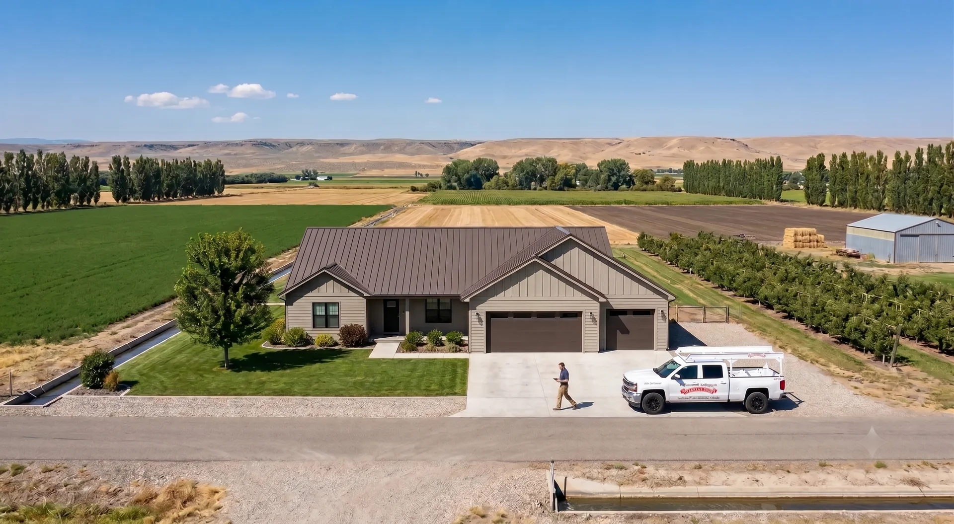 Overhead Door Company technician and service truck at a farmhouse among Payette River valley farmland