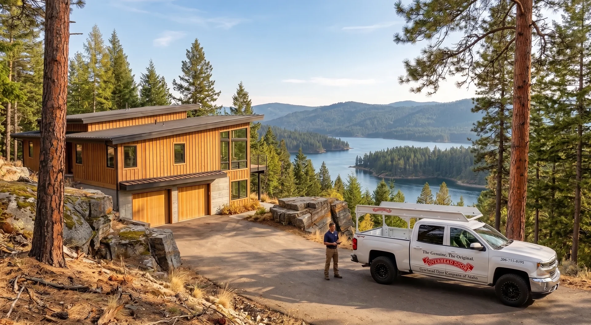 Overhead Door Company technician and service truck at a lakeside home in the Coeur d'Alene area