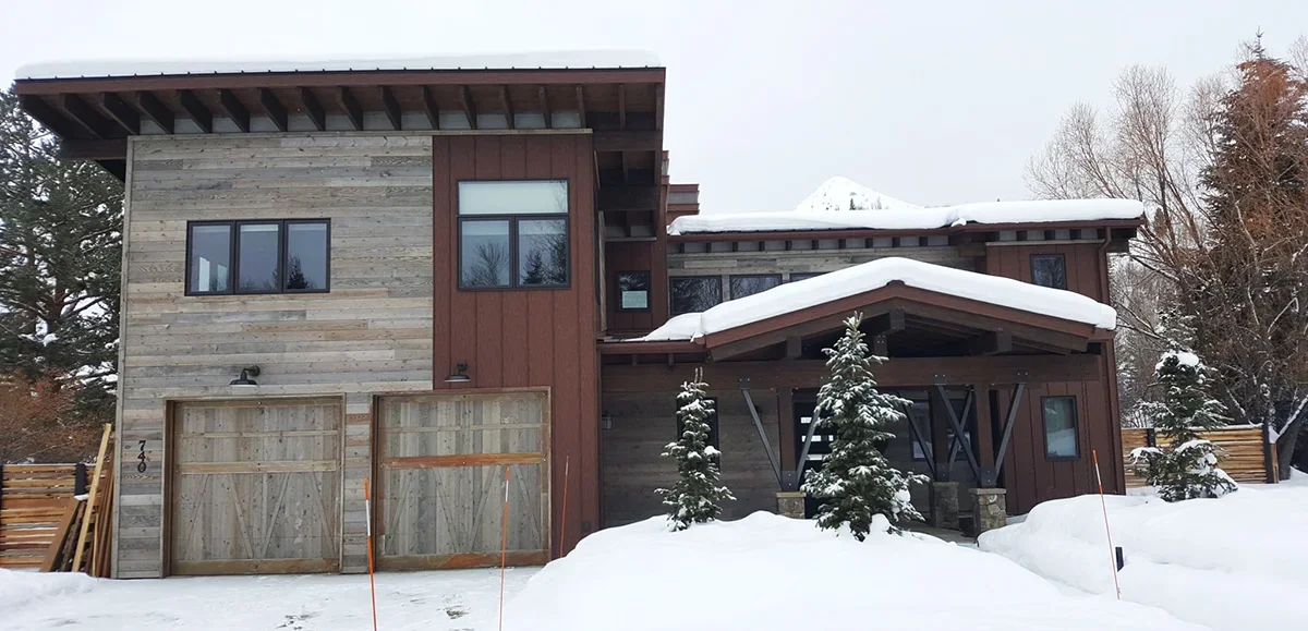 Modern mountain home in winter served by Overhead Door Company in the Wood River Valley