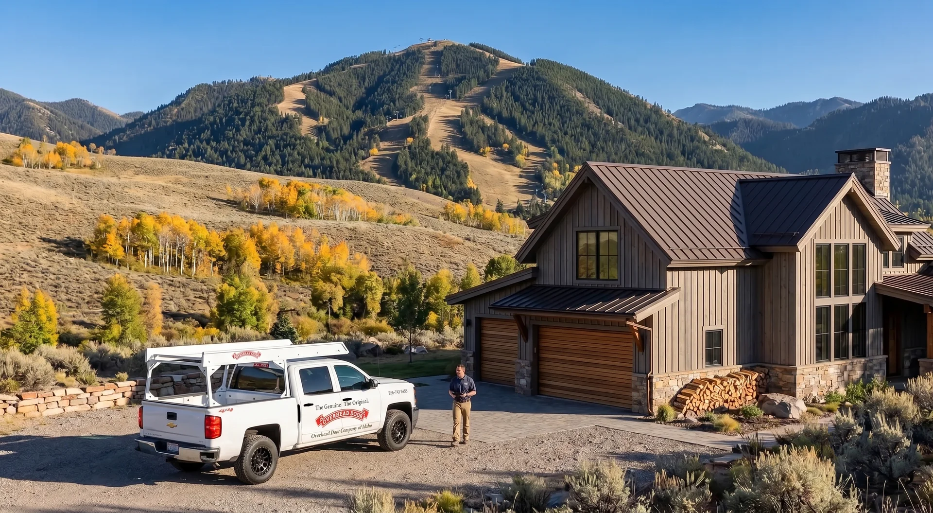 Overhead Door Company service truck at a timber mountain home below the Bald Mountain ski runs near Sun Valley